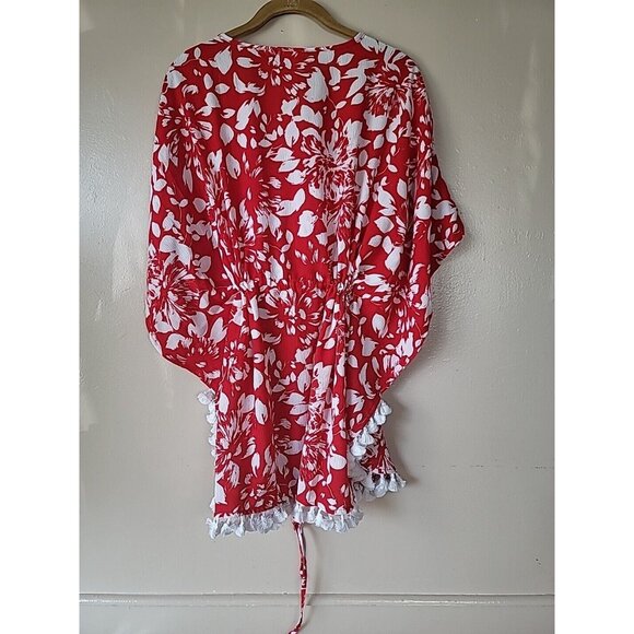 Susan Graver Kimono Blouse Sz M Red White Boho Style Waist Drawstring Fringe Hem - Picture 5 of 11